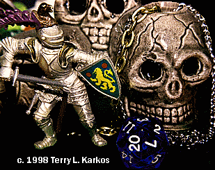 Still-life photo I shot of AD&D dice, skulls and swordsman